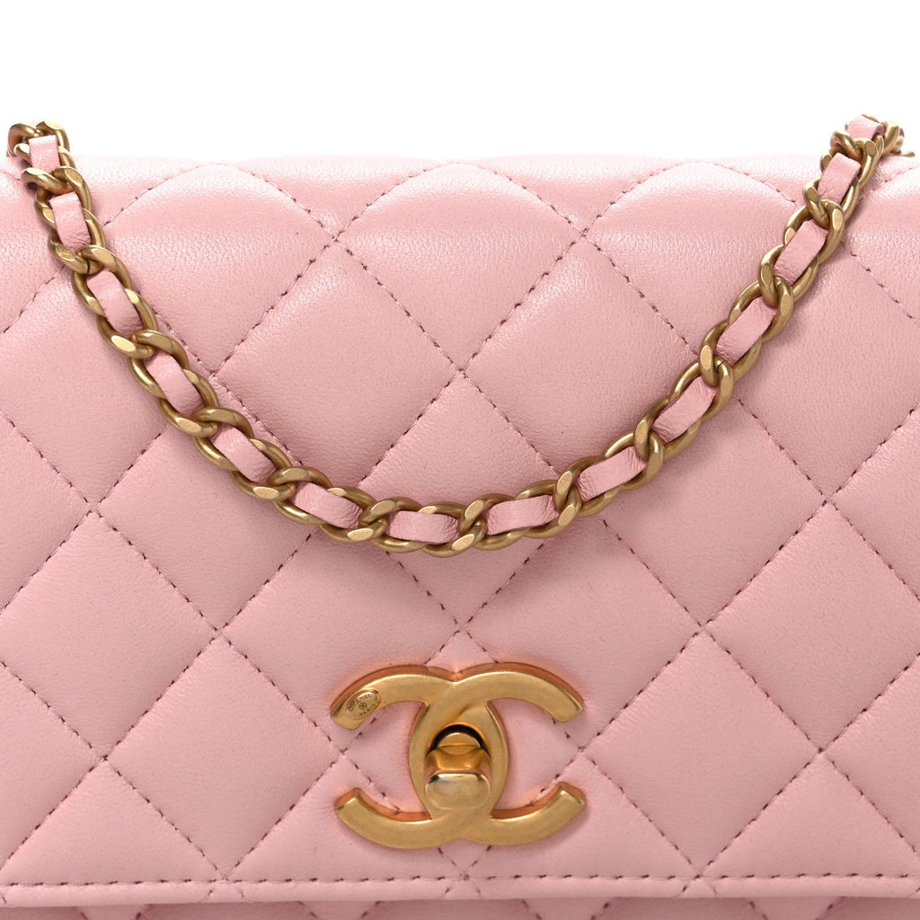 Shiny Lambskin Quilted CC Slide Wallet On Chain WOC  Light Pink