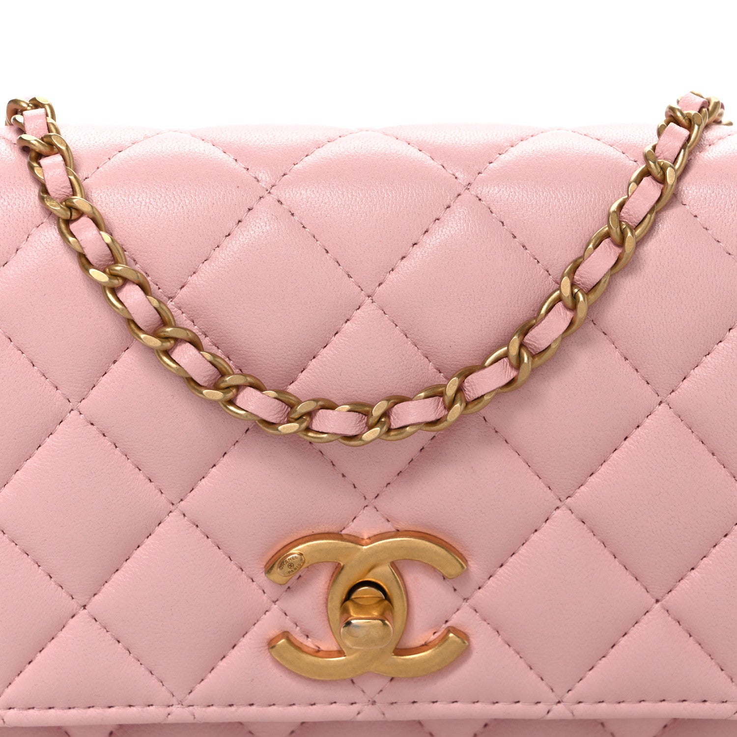 Shiny Lambskin Quilted CC Slide Wallet On Chain WOC  Light Pink