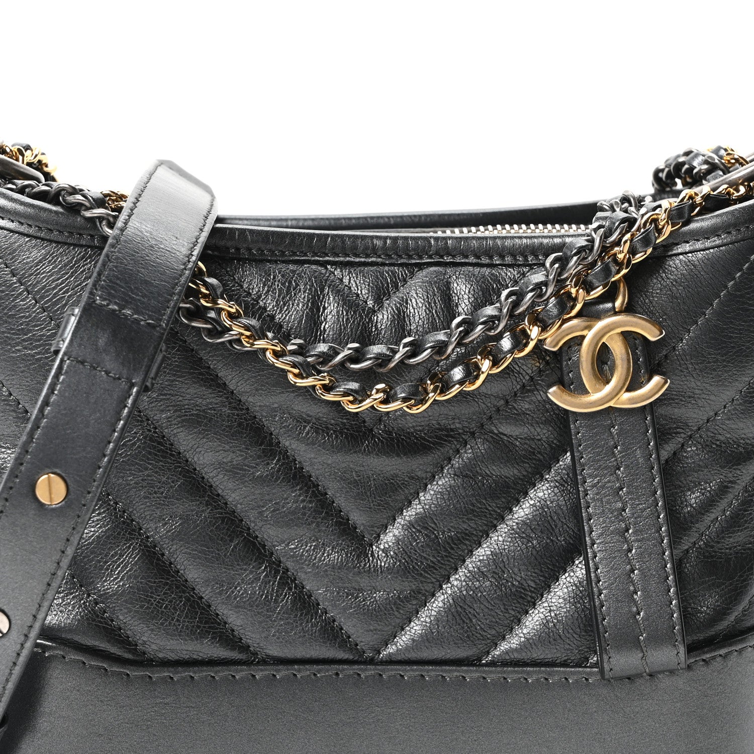 Metallic Aged Calfskin Chevron Quilted Small Gabrielle Hobo Dark Grey