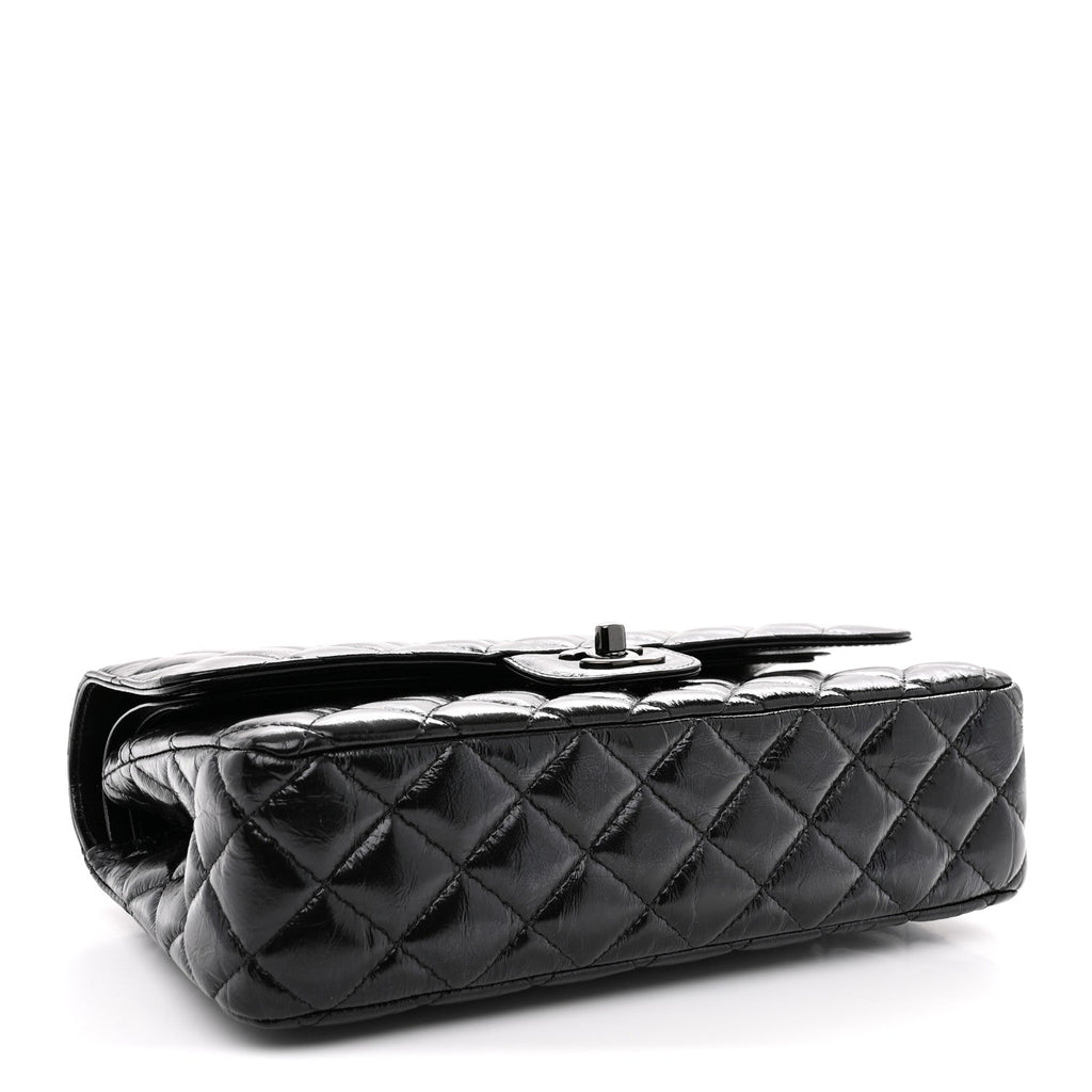 Shiny Crumpled Calfskin Quilted Medium Double Flap So Black