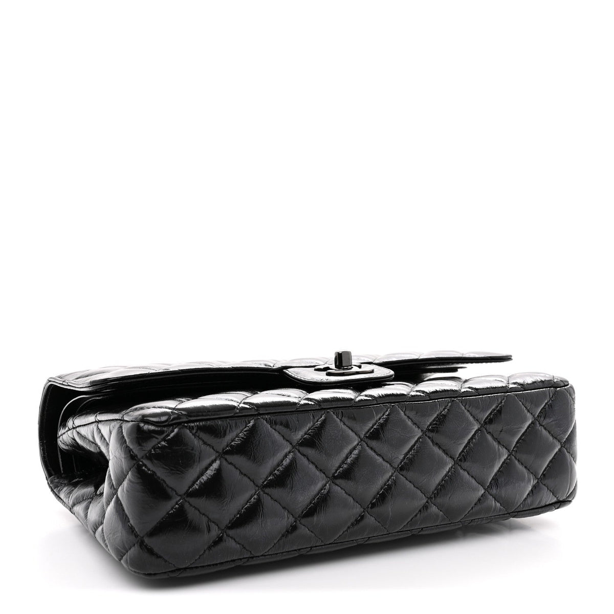 Shiny Crumpled Calfskin Quilted Medium Double Flap So Black