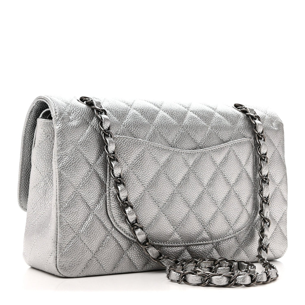 Metallic Caviar Quilted Medium Double Flap Silvery