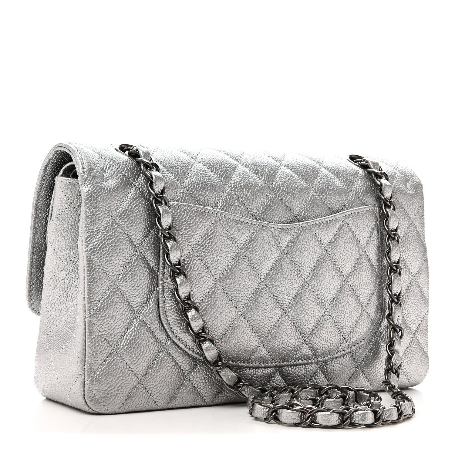 Metallic Caviar Quilted Medium Double Flap Silvery