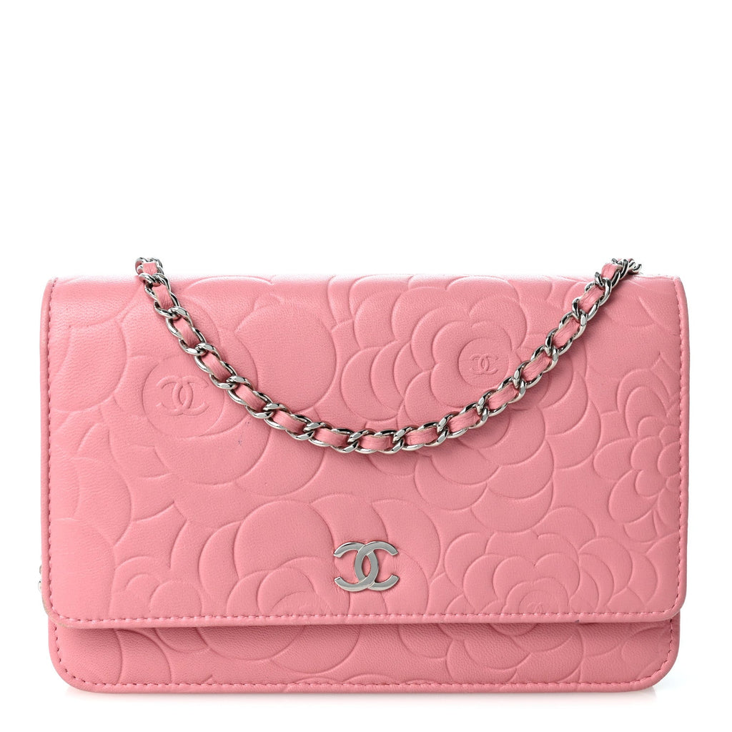 Lambskin Camellia Embossed Wallet on Chain WOC Pink