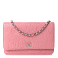 Lambskin Camellia Embossed Wallet on Chain WOC Pink