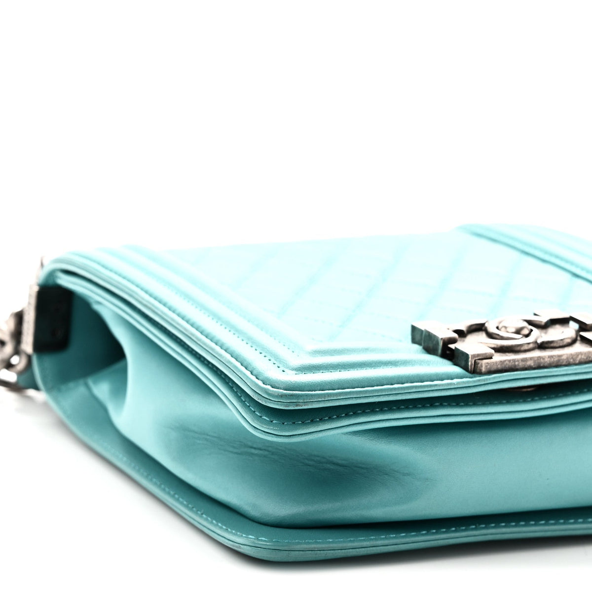 Calfskin Quilted North South Boy Flap Turquoise