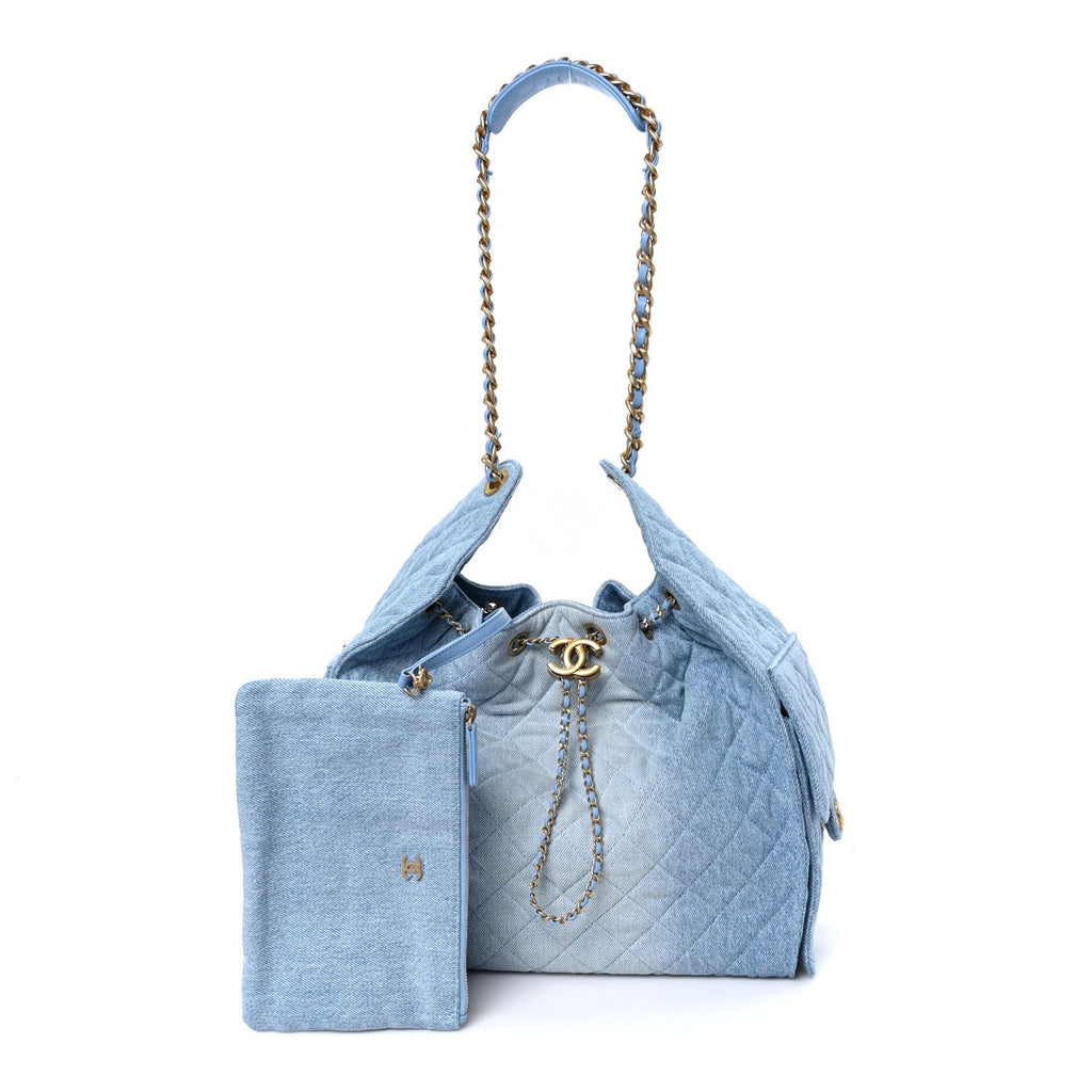 Washed Denim Quilted Medium Chanel 25 Handbag Blue