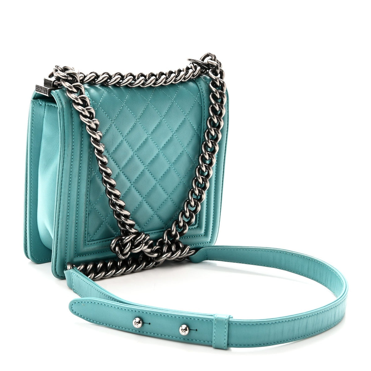 Calfskin Quilted North South Boy Flap Turquoise