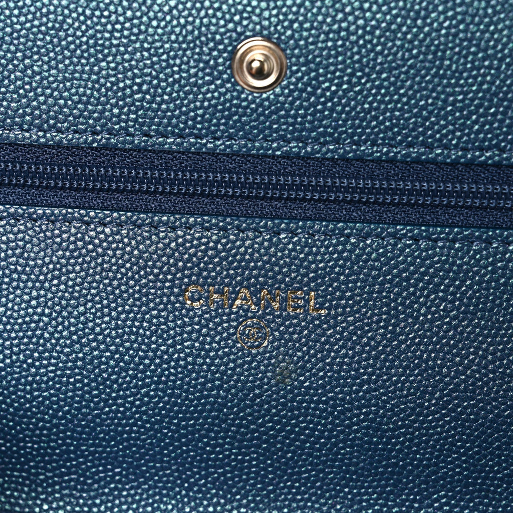 Iridescent Caviar Quilted Wallet on Chain WOC Dark Blue