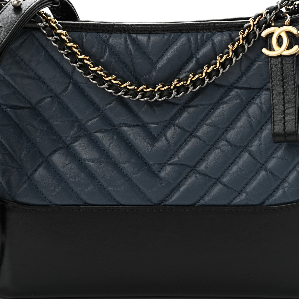 Aged Calfskin Chevron Quilted Medium Gabrielle Hobo Navy Black