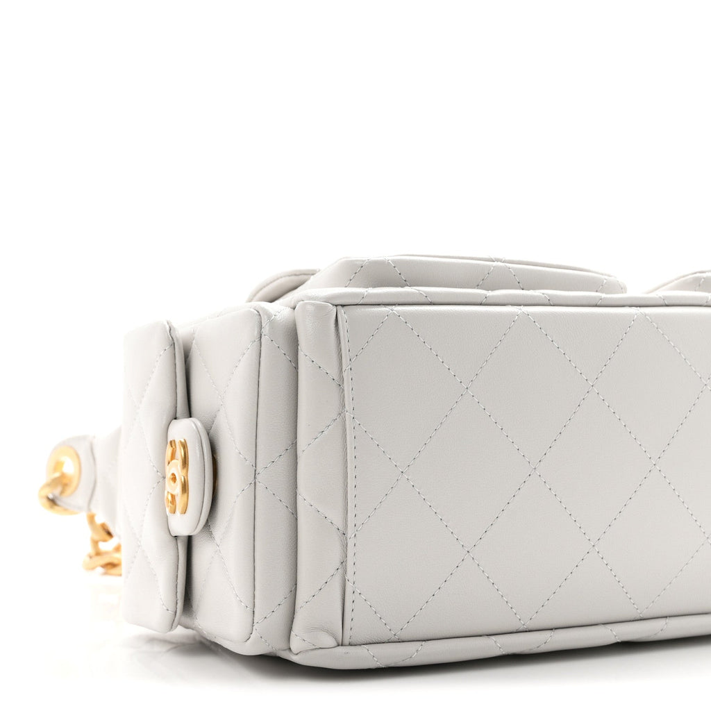 Shiny Lambskin Quilted Large Trendy Pockets Hobo Light Grey