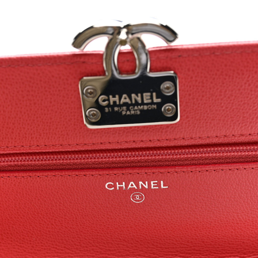 Grained Calfskin Quilted CC Box Wallet On Chain WOC Pink