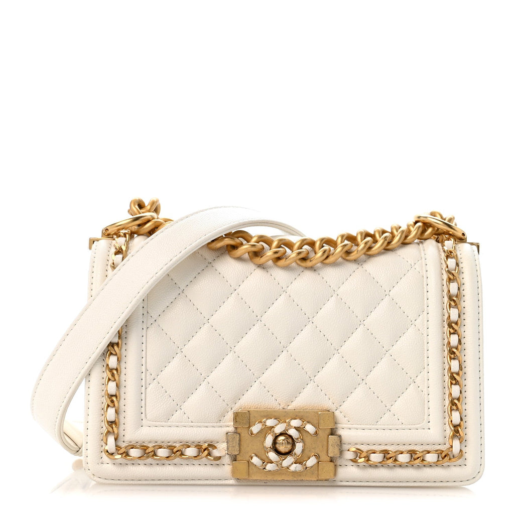 Caviar Quilted Small Chain Around Boy Flap White