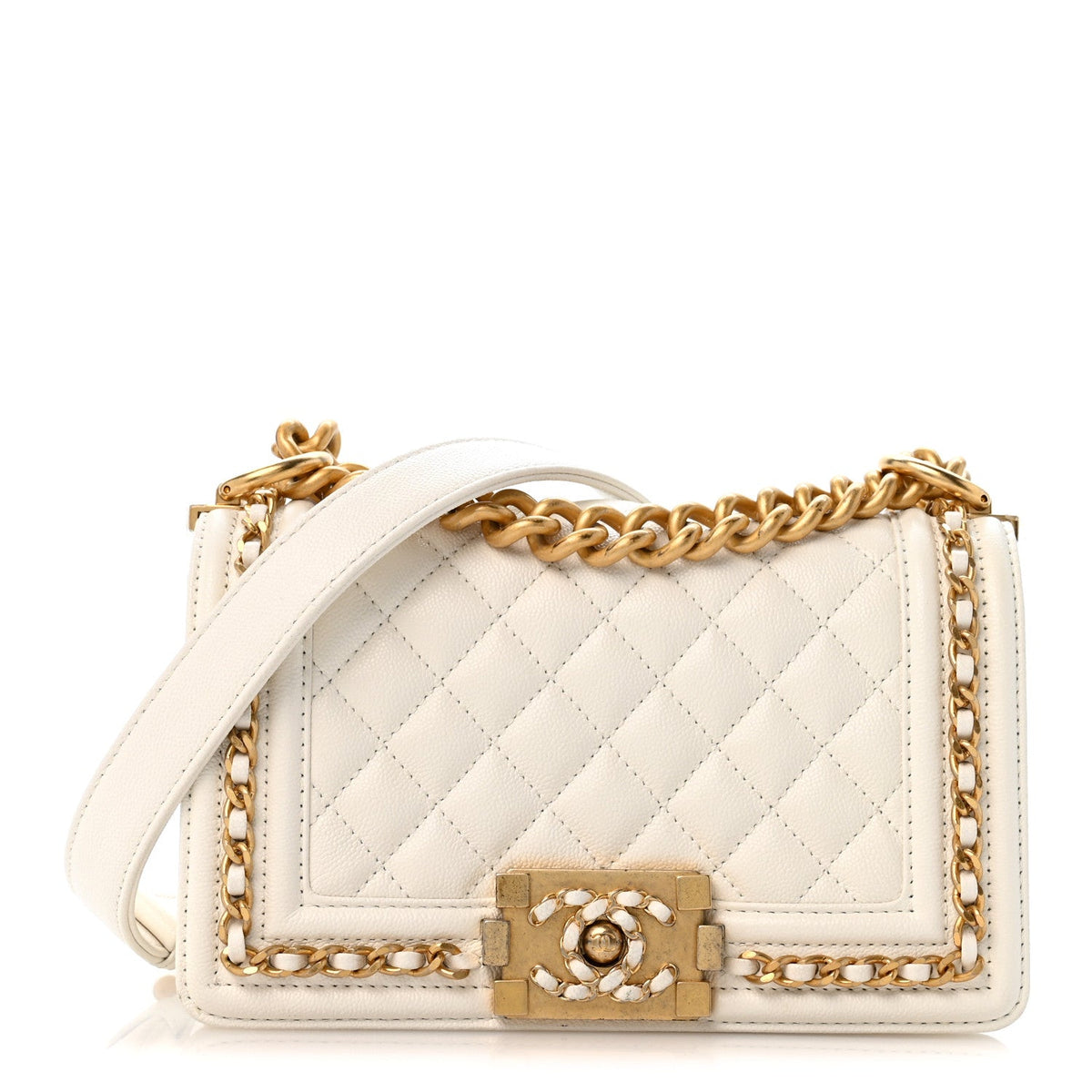 Caviar Quilted Small Chain Around Boy Flap White
