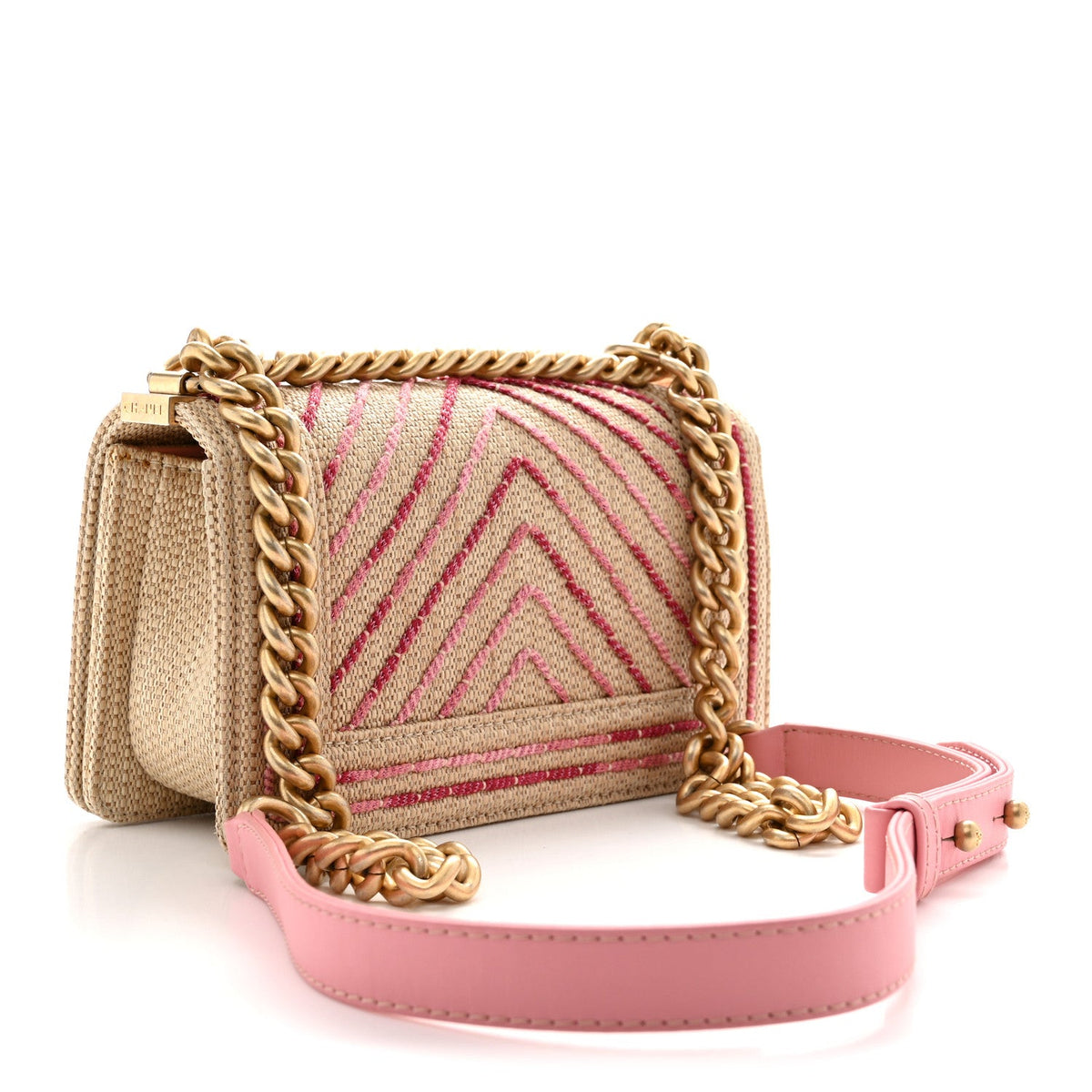 Raffia Chevron Quilted Small Boy Flap Beige Pink