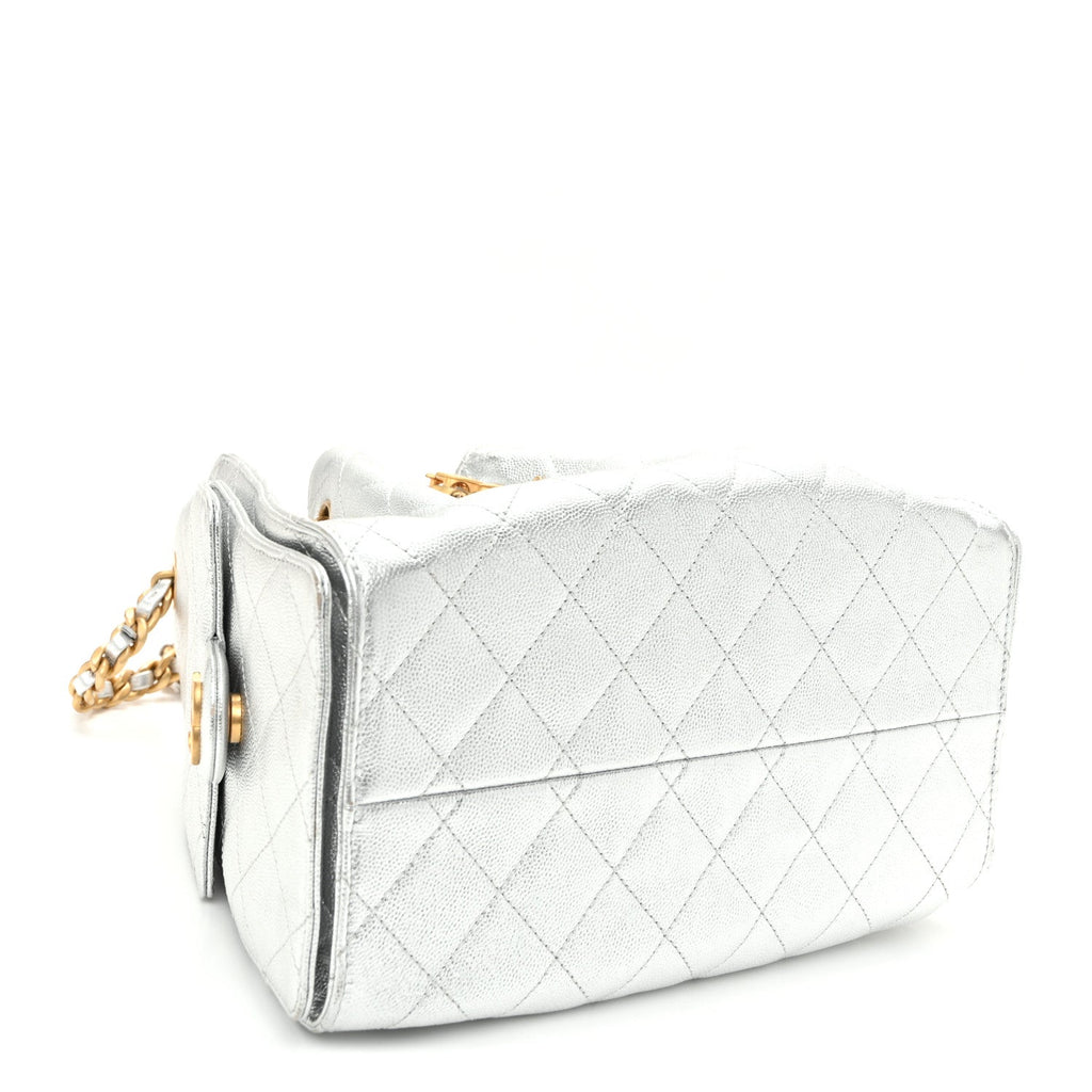 Metallic Caviar Quilted Small Chanel 25 Handbag Silver