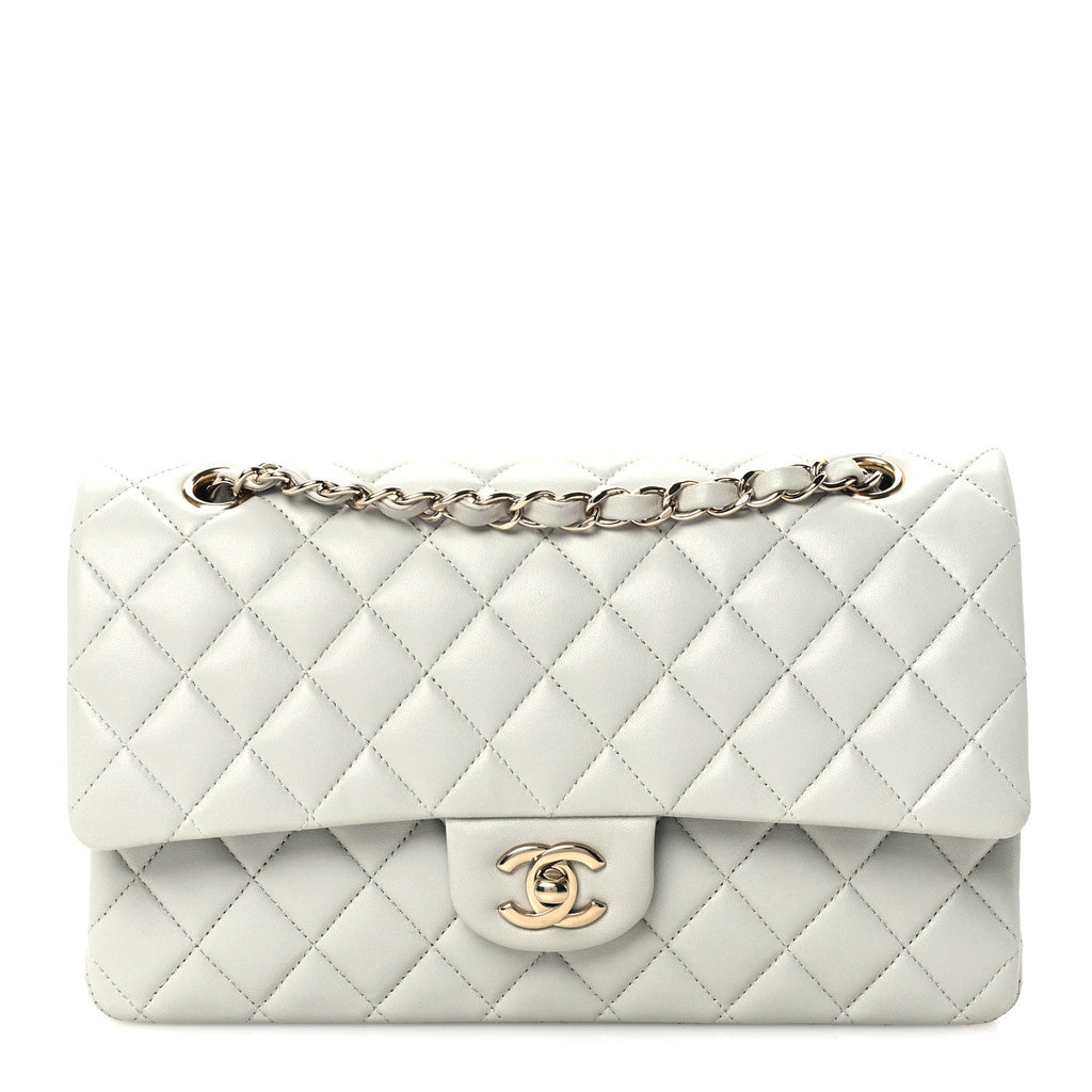 Lambskin Quilted Medium Double Flap Light Grey