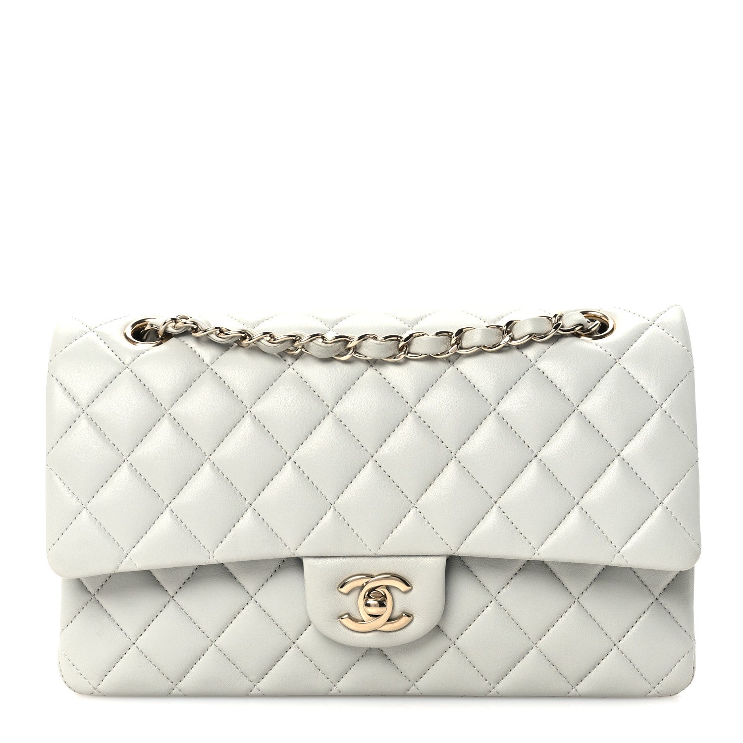 Lambskin Quilted Medium Double Flap Light Grey