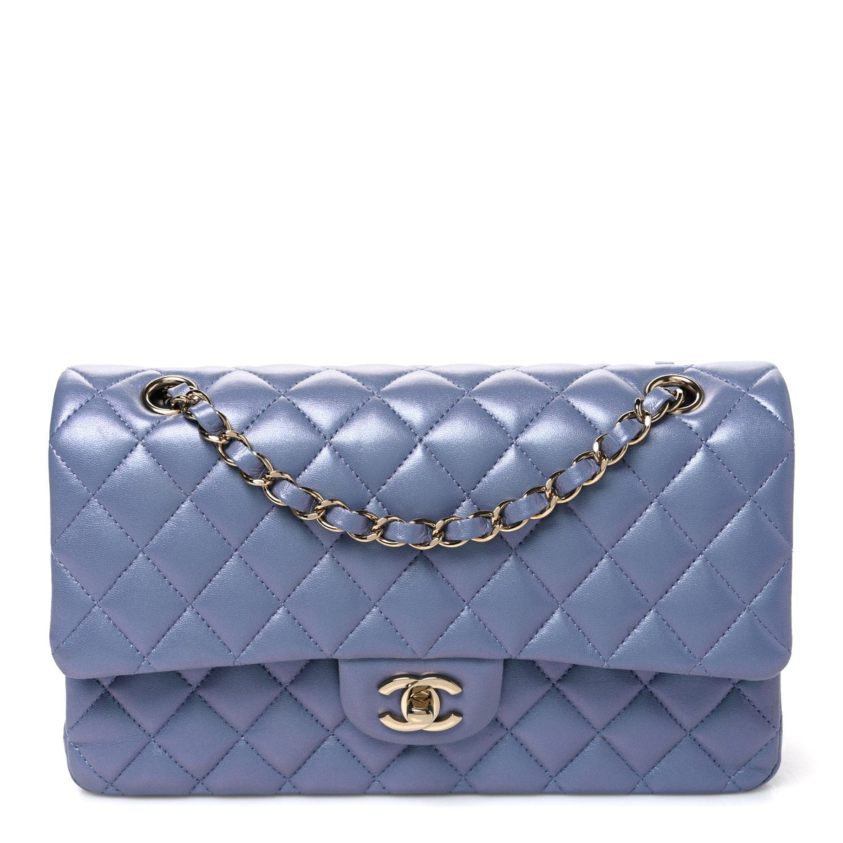 Iridescent Lambskin Quilted Medium Double Flap Light Purple