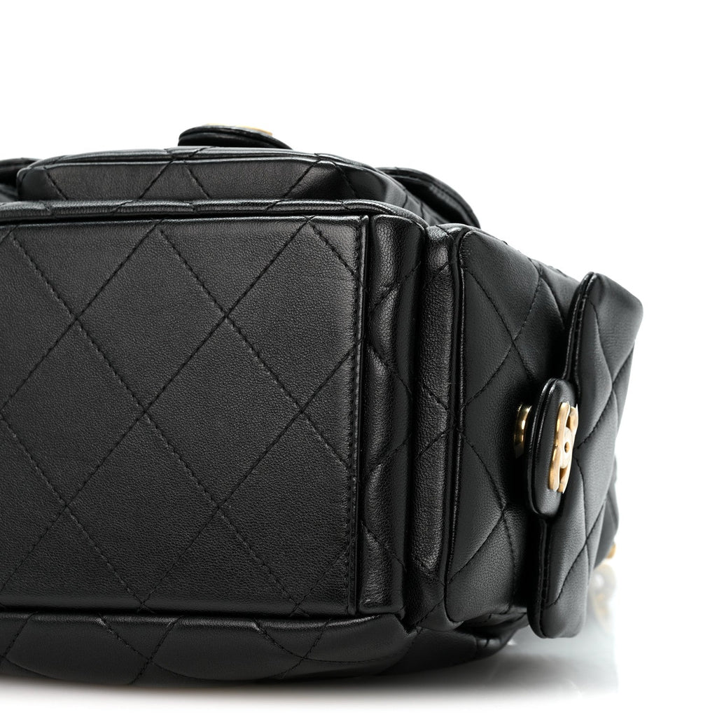 Shiny Lambskin Quilted Trendy Pockets Hobo Black