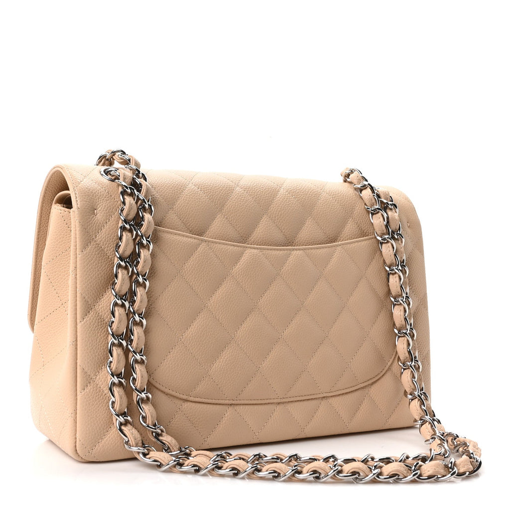 Caviar Quilted Jumbo Double Flap Beige Clair