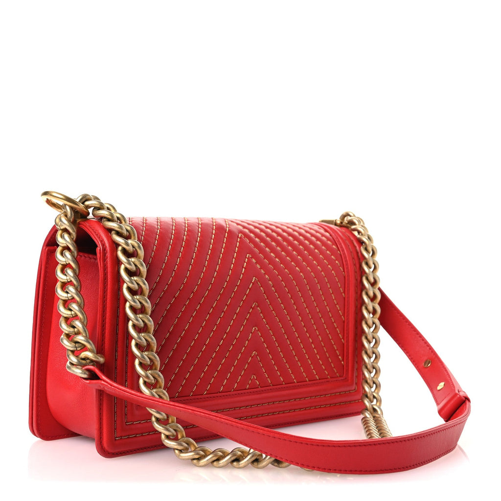 Lambskin Chevron Chain Stitched Medium Boy Flap Red
