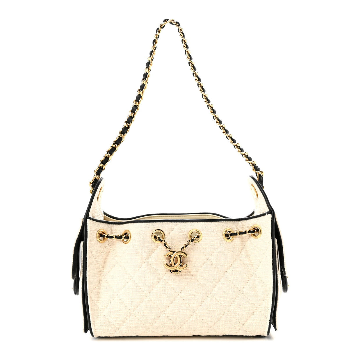 Canvas Calfskin Quilted Mini Chanel 25 Handbag Ecru Black