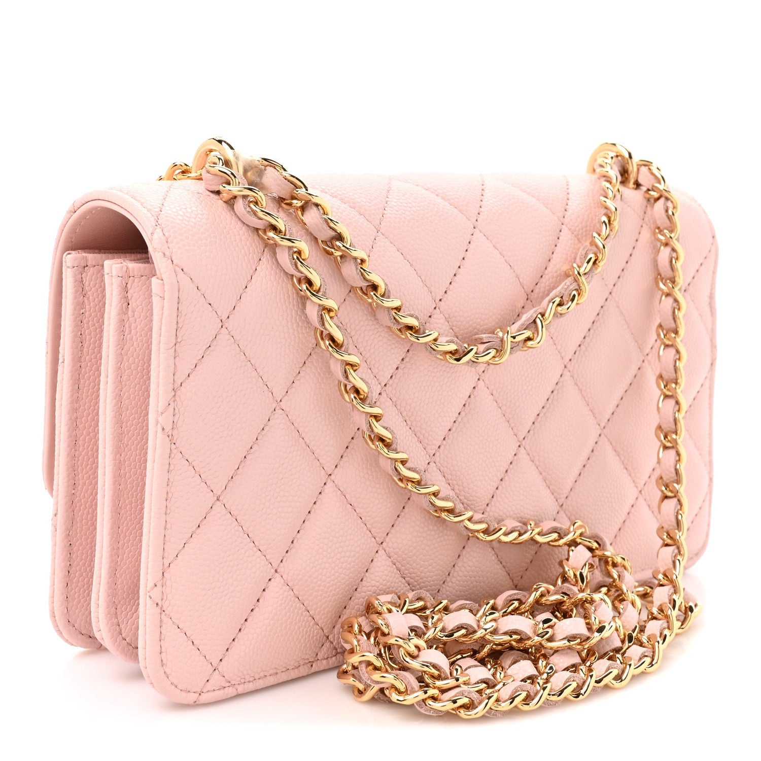 Shiny Caviar Quilted Flap Charm Wallet On Chain WOC Light Pink
