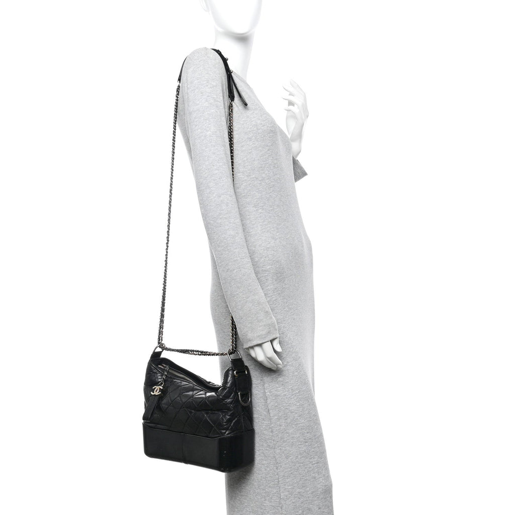 Aged Calfskin Quilted Medium Gabrielle Hobo Black