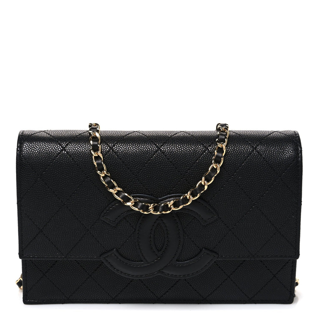 Shiny Caviar Lambskin Quilted CC Neo Filigree Wallet on Chain WOC Black