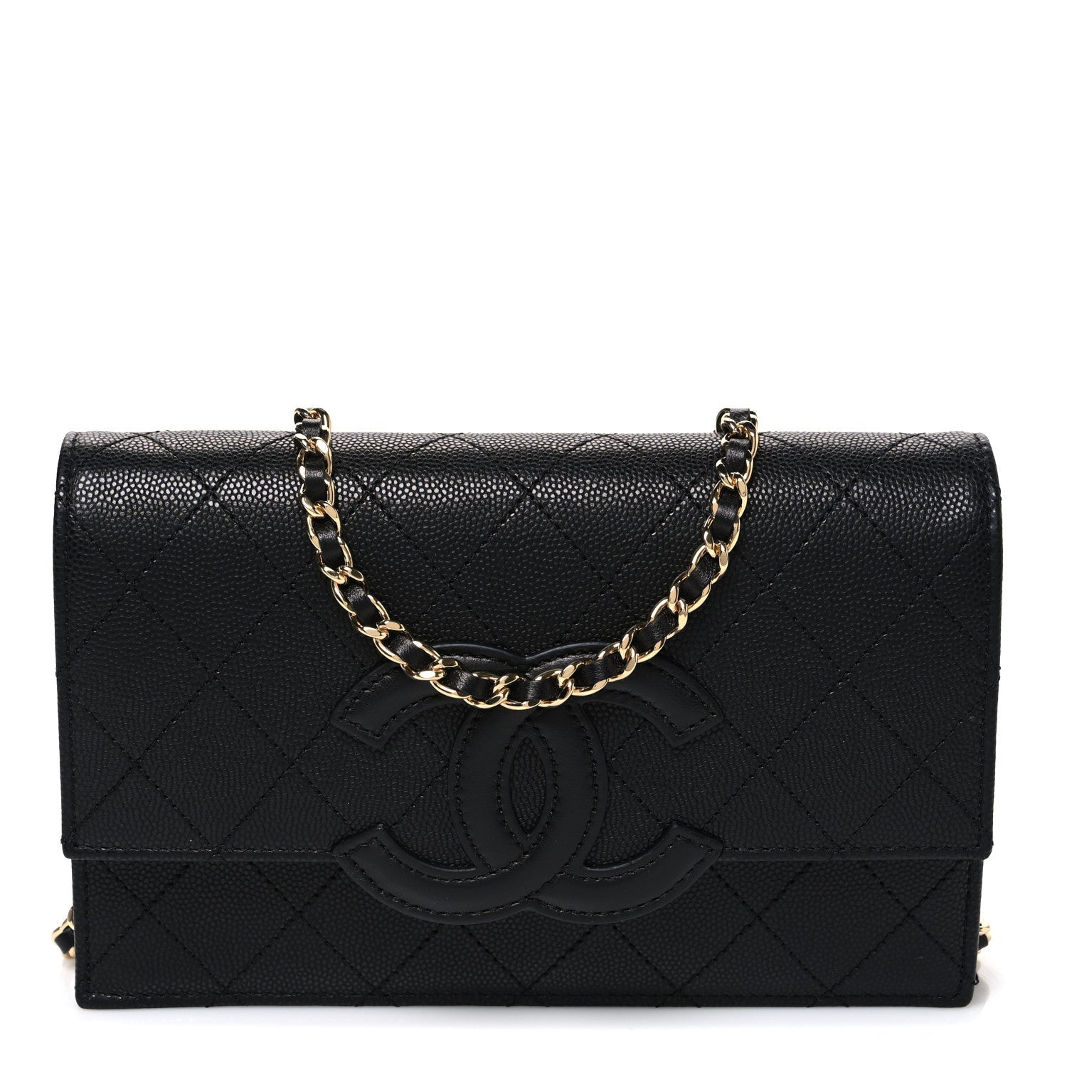 Shiny Caviar Lambskin Quilted CC Neo Filigree Wallet on Chain WOC Black