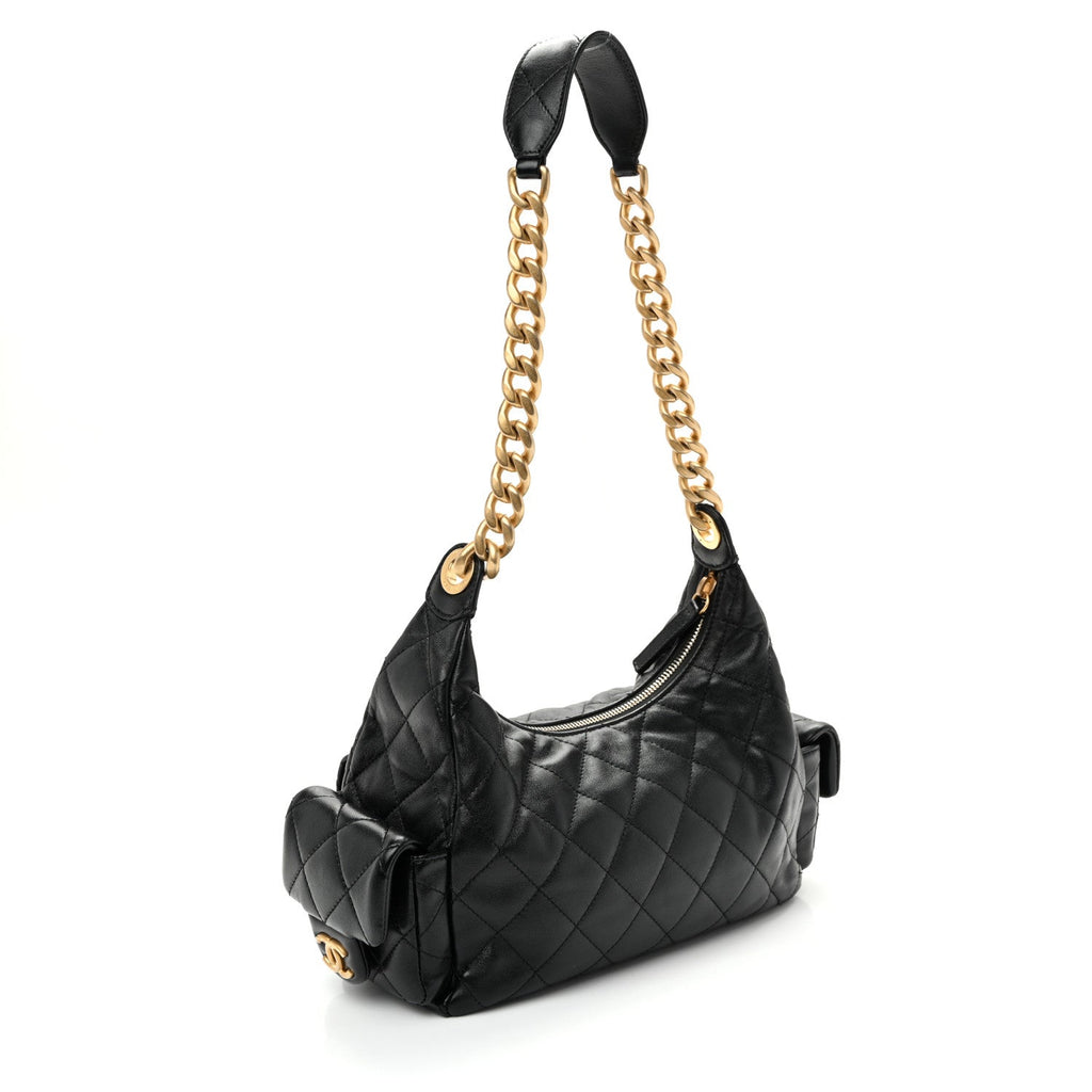 Shiny Lambskin Quilted Trendy Pockets Hobo Black