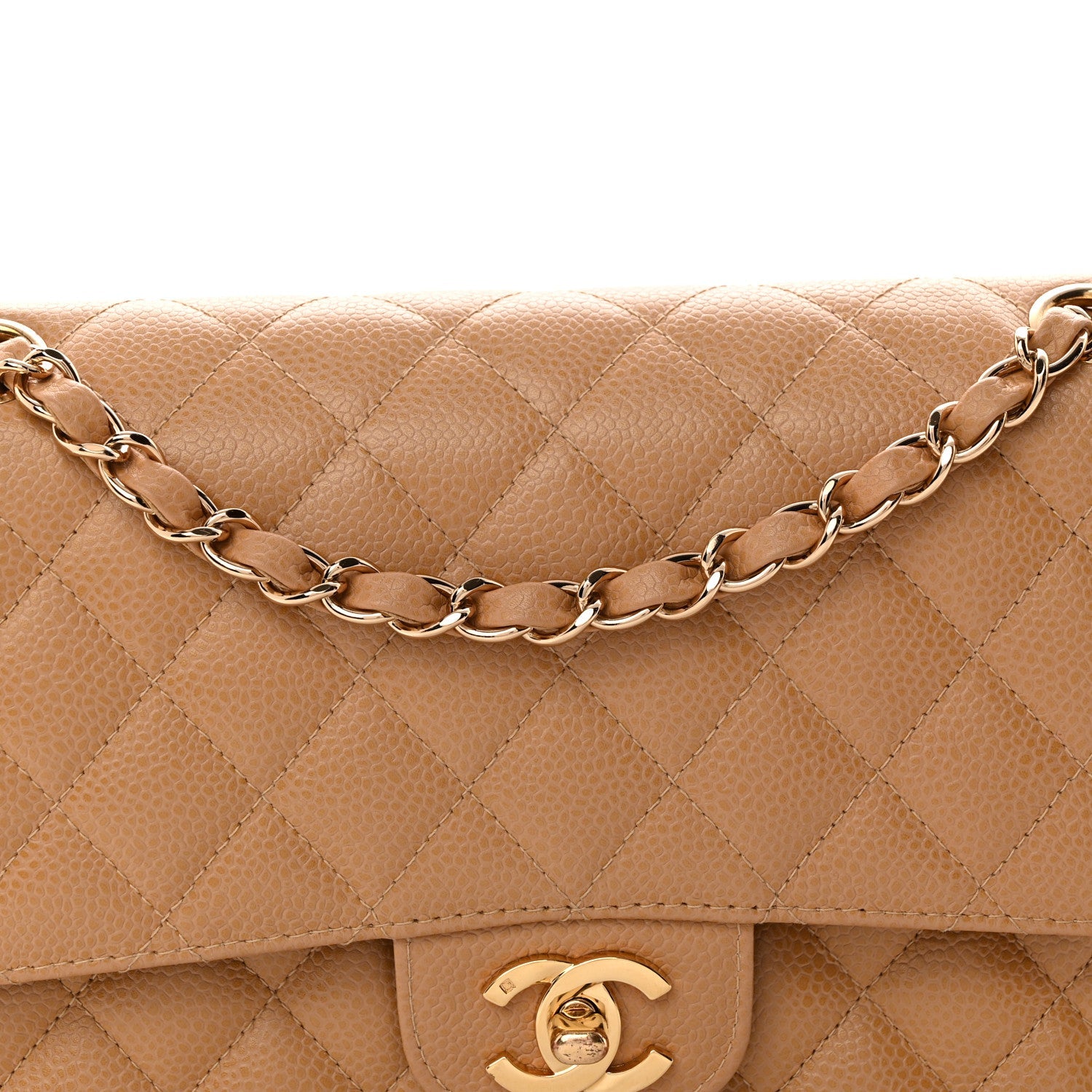Caviar Quilted Medium Double Flap Beige