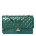 Iridescent Calfskin Quilted Medium Double Flap Green