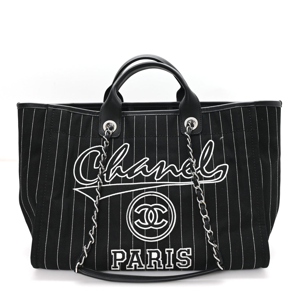 Canvas Calfskin Striped Medium Deauville Tote Black White