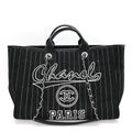 Canvas Calfskin Striped Medium Deauville Tote Black White