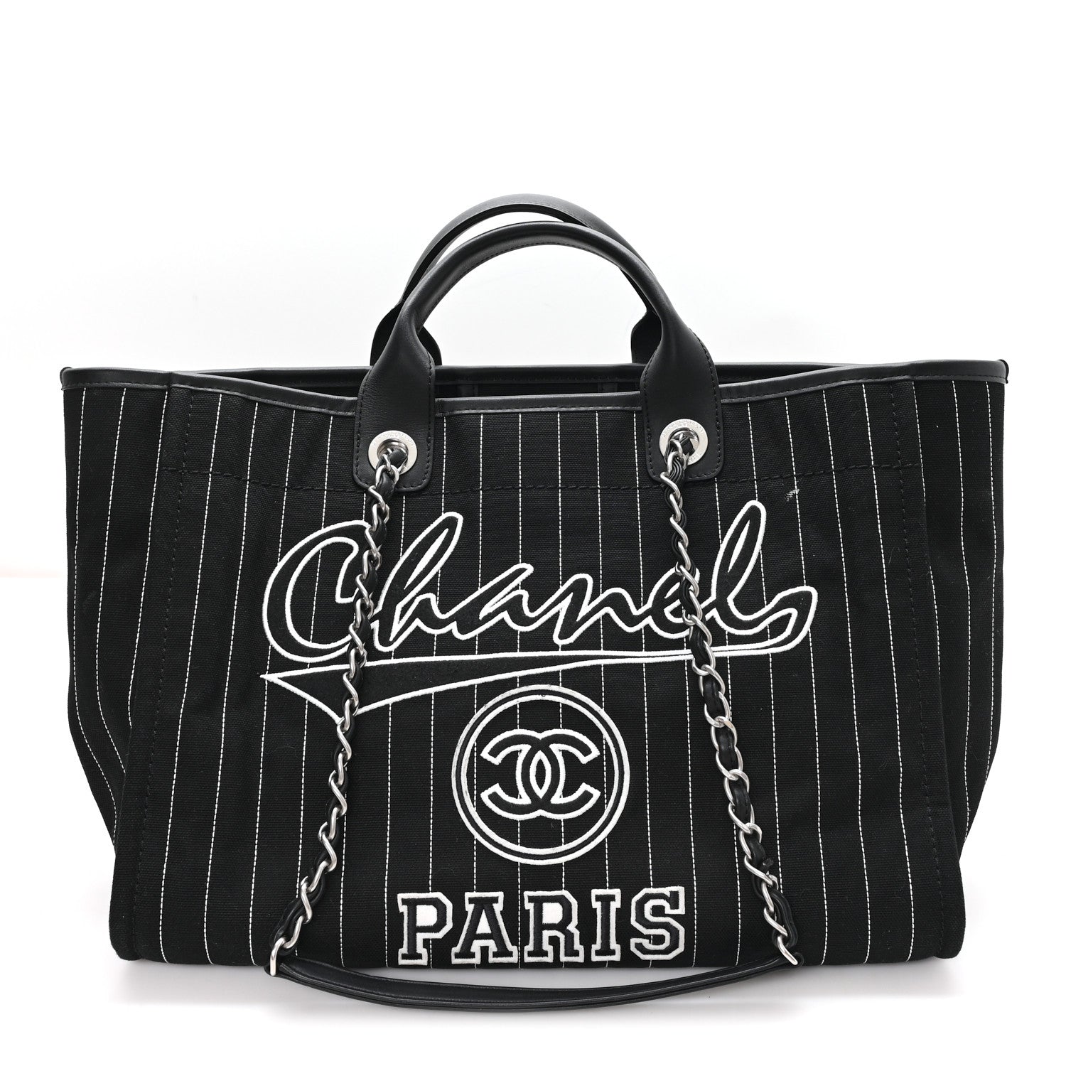 Canvas Calfskin Striped Medium Deauville Tote Black White