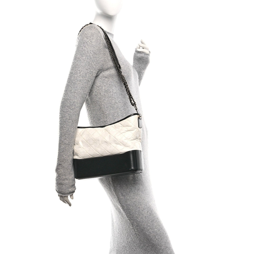 Aged Calfskin Quilted Medium Gabrielle Hobo Black White