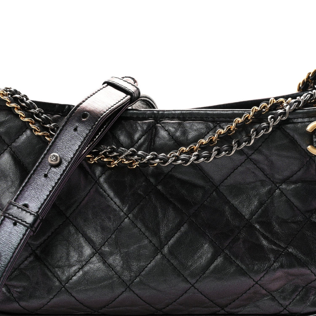 Iridescent Aged Calfskin Quilted Medium Gabrielle Hobo Black