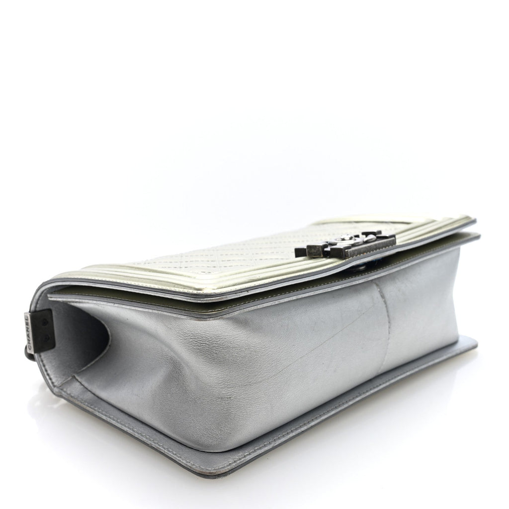 Metallic Patent Calfskin Quilted Medium Boy Flap Silver