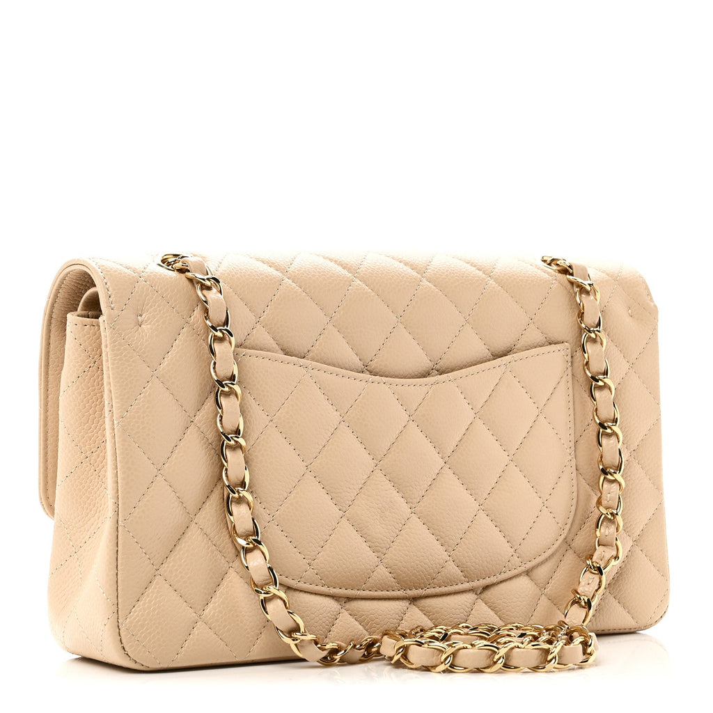 Caviar Quilted Medium Double Flap Beige