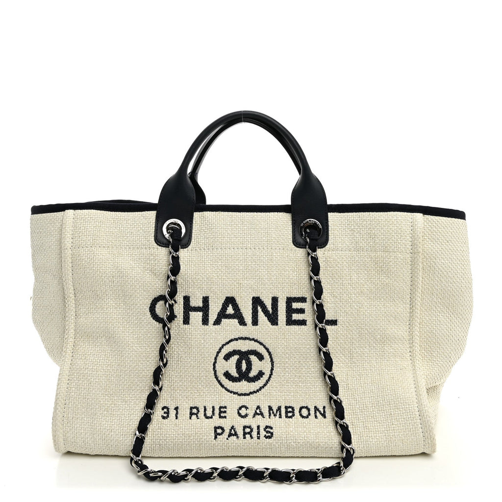 Woven Straw Raffia Medium Deauville Tote White Navy