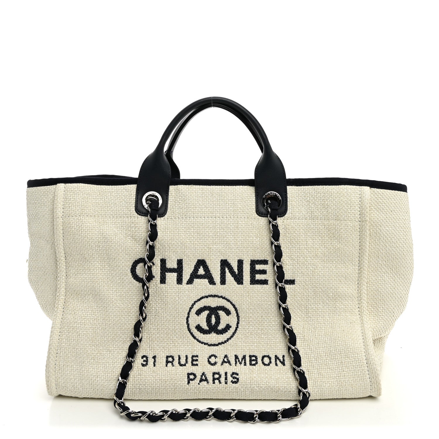 Woven Straw Raffia Medium Deauville Tote White Navy