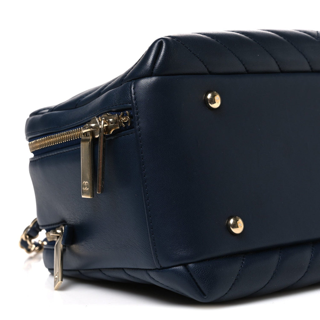 Lambskin Chevron Quilted Small Trendy CC Bowling Bag Navy Blue