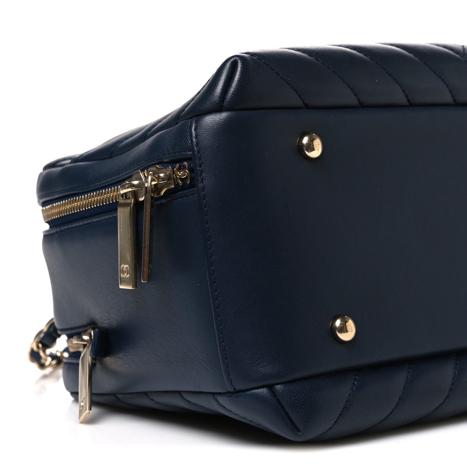 Lambskin Chevron Quilted Small Trendy CC Bowling Bag Navy Blue