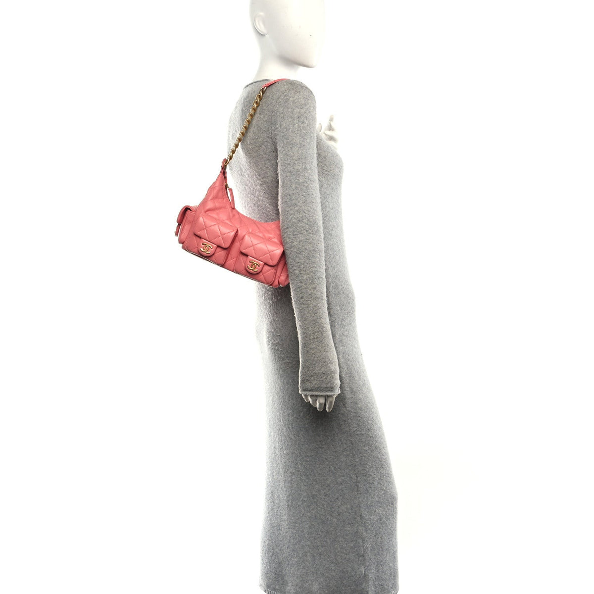 Shiny Lambskin Quilted Trendy Pockets Hobo Coral Pink
