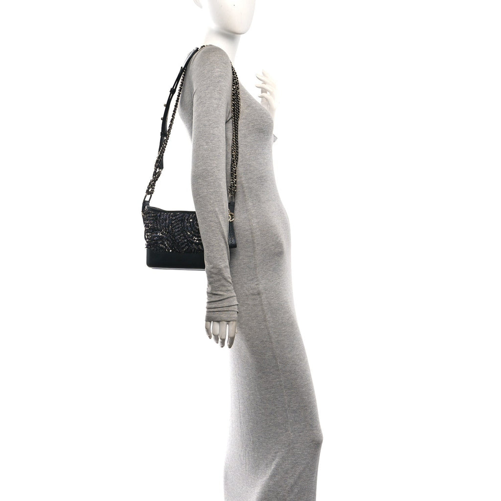 Sequin Calfskin Small Gabrielle Hobo Black Silver