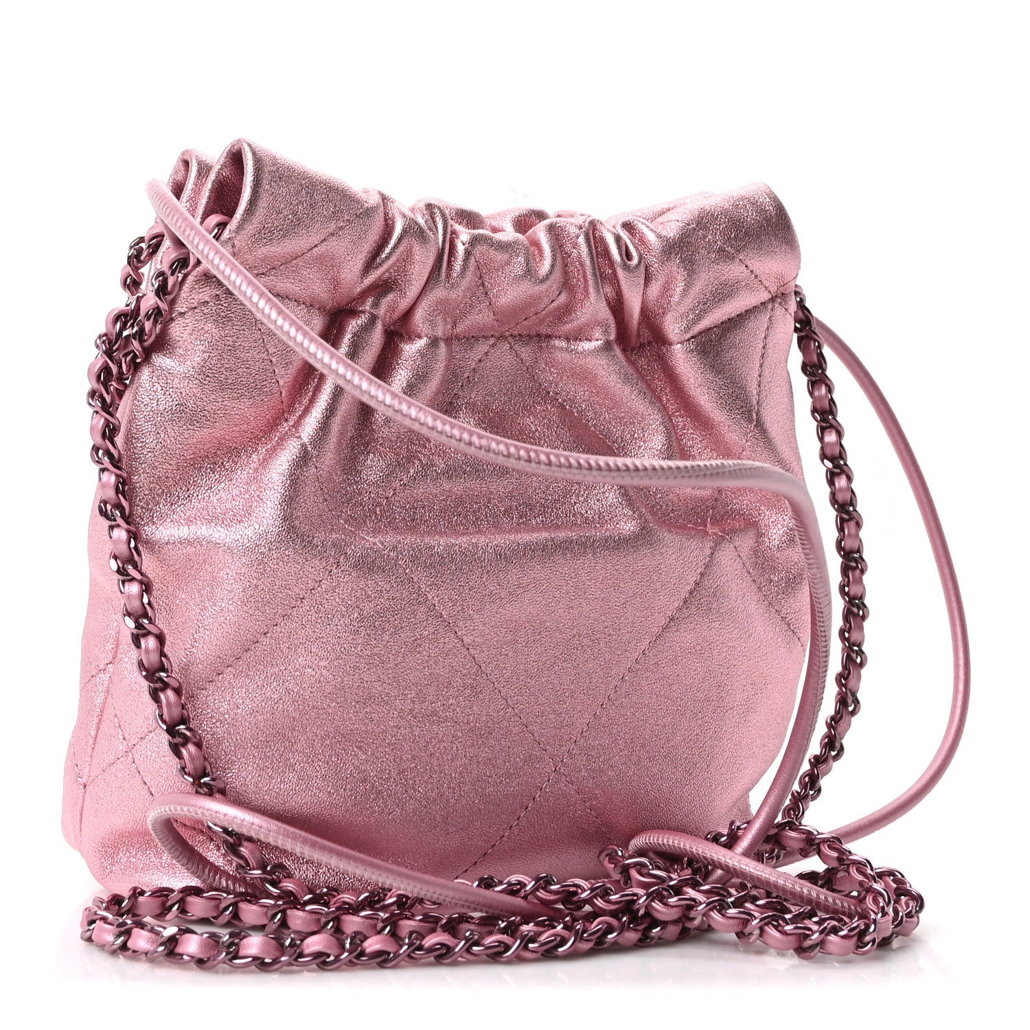 Metallic Lambskin Lacquered Monochrome Quilted Mini Chanel 22 Pink
