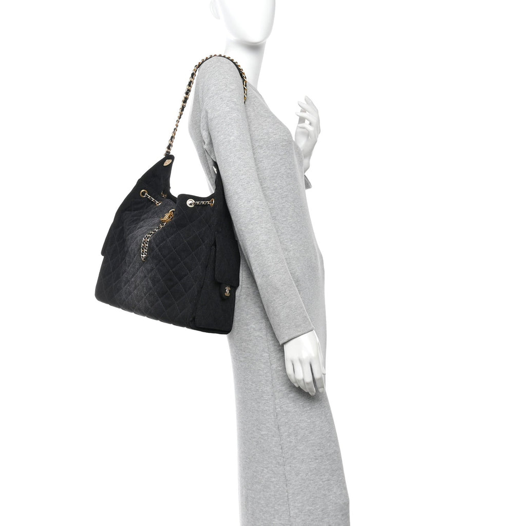 Washed Denim Quilted Medium Chanel 25 Handbag Black