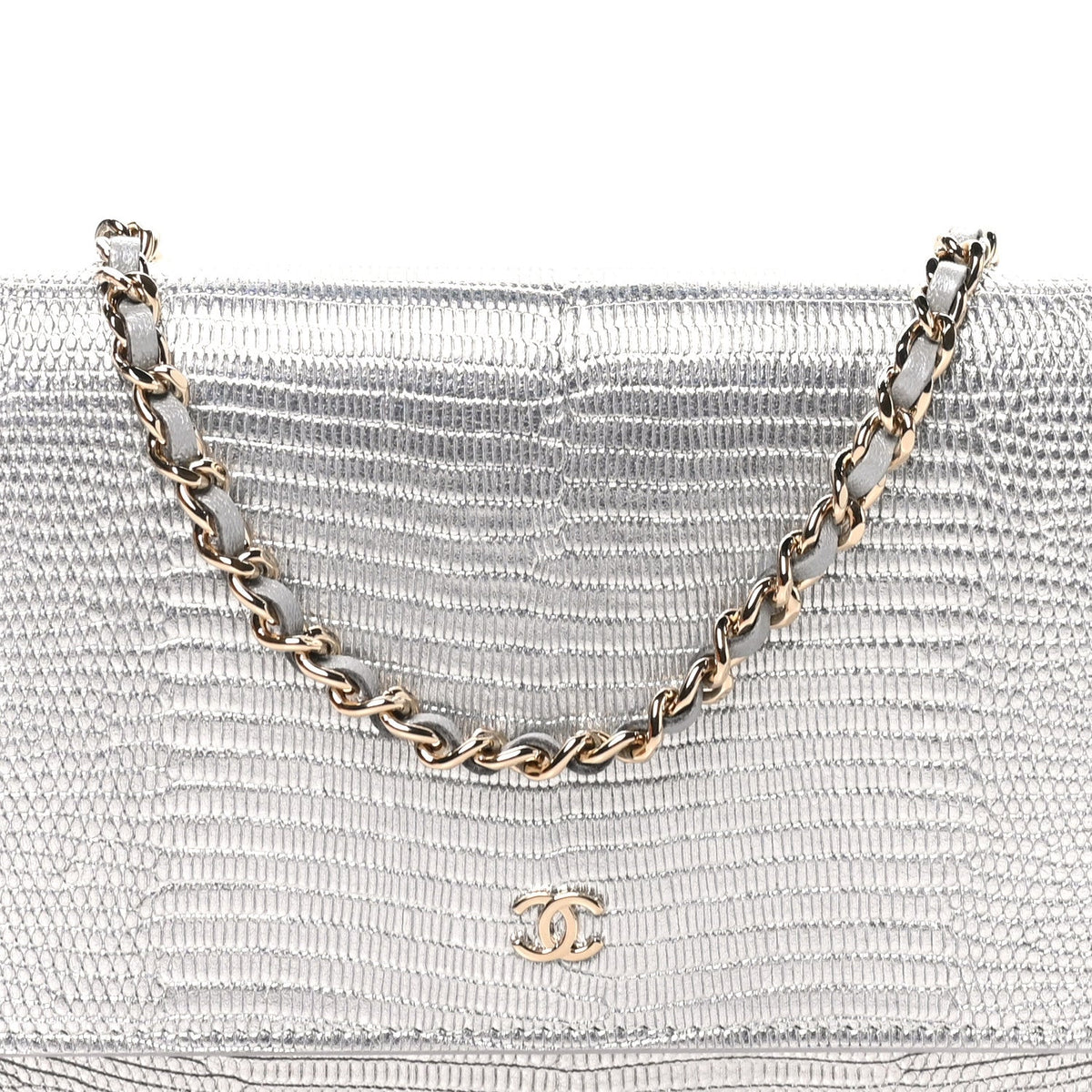 Calfskin Lizard Embossed Wallet on Chain WOC Silver